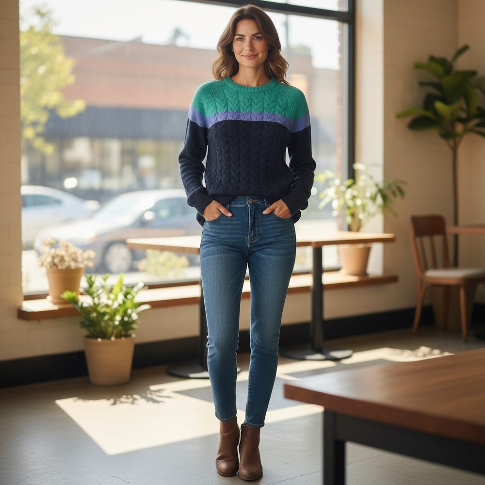 Lands' End Sweater Wms S Blue Green Colorblock Drifter Cable Knit Preppy Drifter